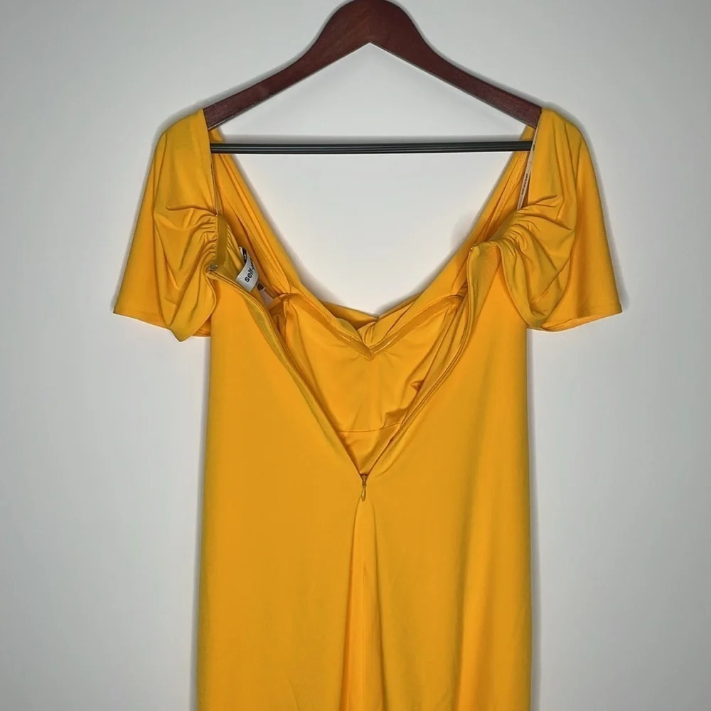 Self-Portrait Dress Bodycon Mini Size 8 Yellow Jersey Off-Shoulder Ruched - Picture 5 of 13
